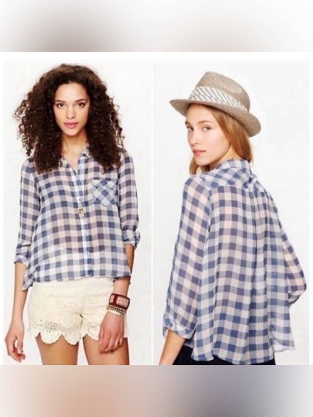 Free People Blue and White Gingham Button Down Blouse